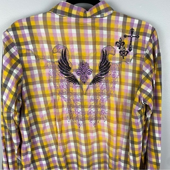 Wrangler Rock 47 Woven Sunbleach Plaid Snap Down Shirt Large Yellow Lilac - Picture 12 of 15